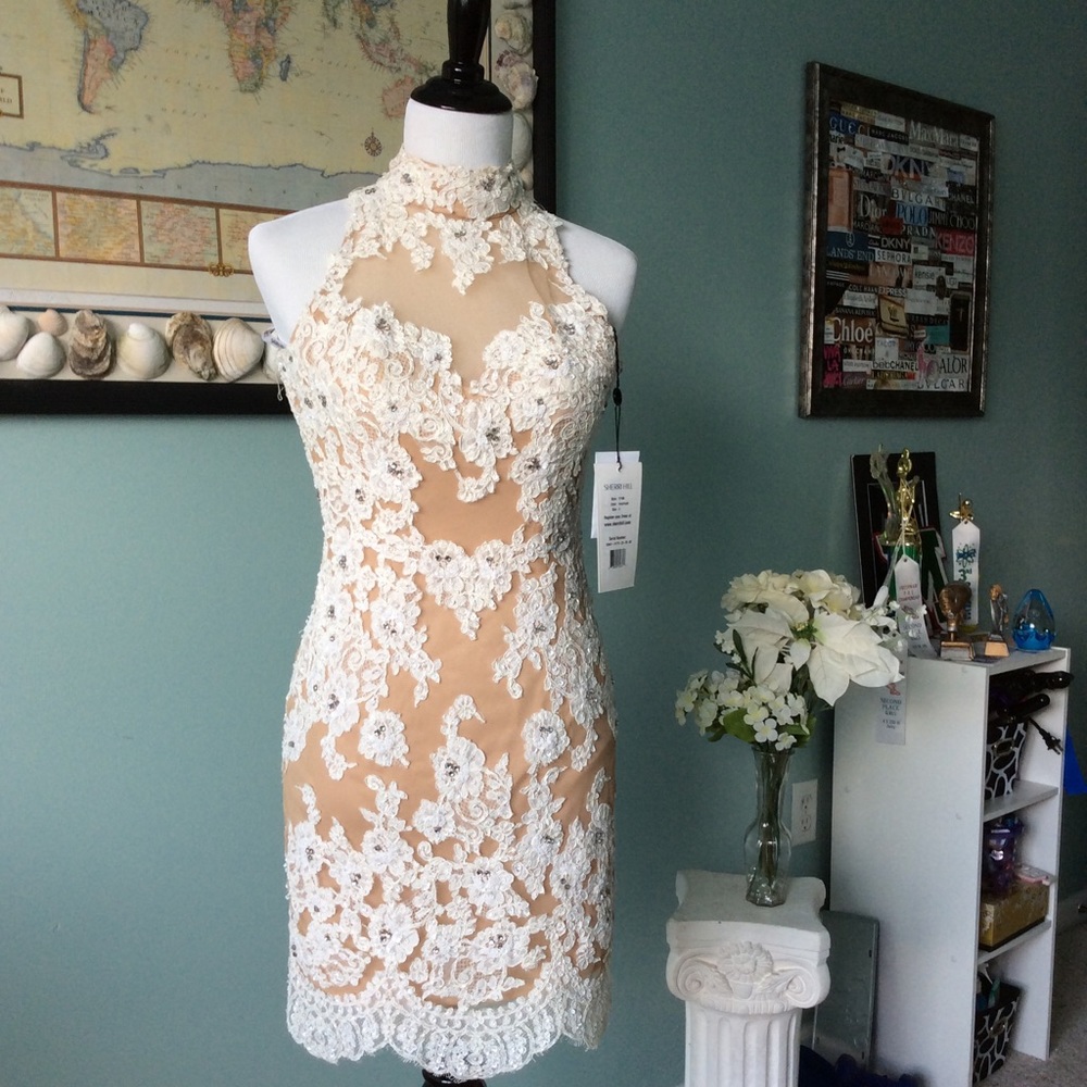 Sherri Hill Nude and White Lace Halter Midi Dress